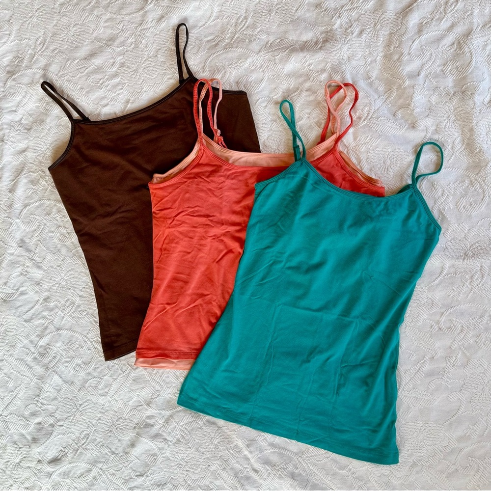 Vibrant Cami Bundle: Built-in Bra Tank Tops, Small/Medium, Teal/Coral/Brown